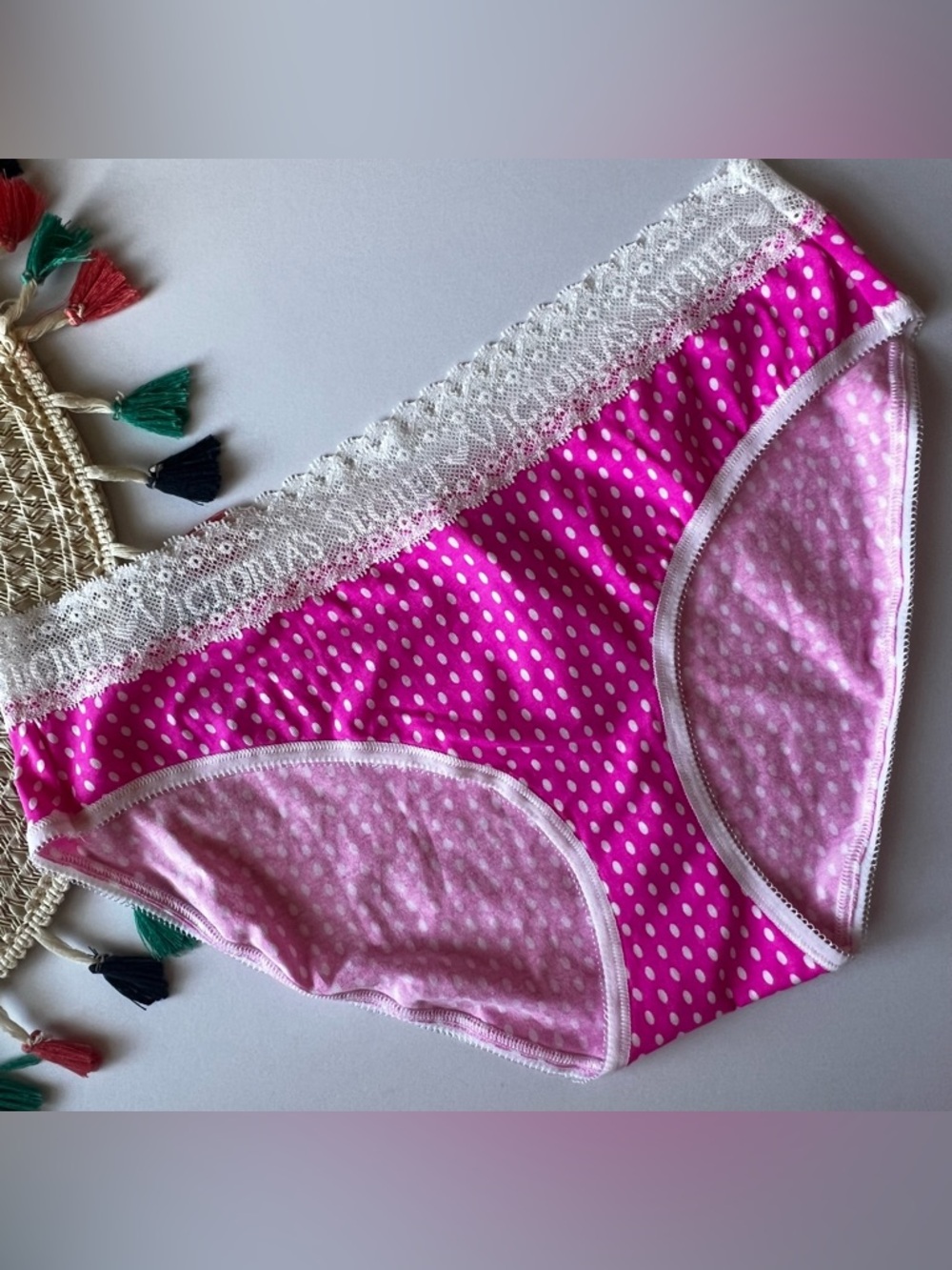 Victoria's Secret Vintage Cotton Lace Wait Brief Pink White Polka Dots M NEW - Picture 2 of 4